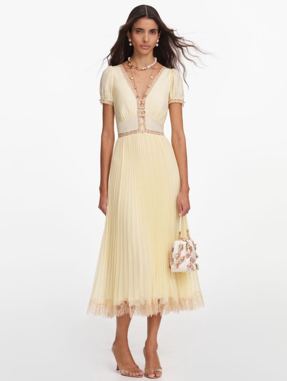 Self Portrait Yellow Viscose Pleated Lace Midi Dress